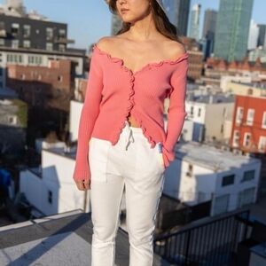 Find Me Now Charlie Ruffle Knit Pink V-neck Ribbed Henley Top NWT - Size SM